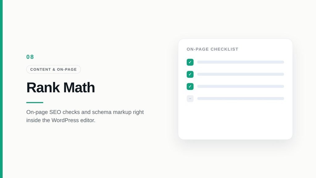 Rank Math on-page SEO checklist inside the WordPress editor